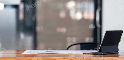 Preview: Modern office mockup with digital tablet and magic keyboard on wooden table. Creative workspace.