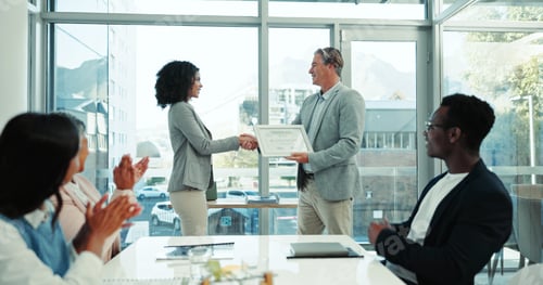 Preview: Business man, applause or handshake for award, congratulations or excellence certificate. Happy gro