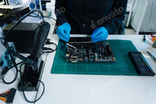 Preview: Hands repairing electronic devices. Electronic technician.