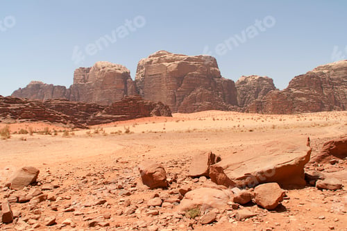 Preview: Desert landscape in Wadi Rum, Jordan, rocks and red sand in the desert