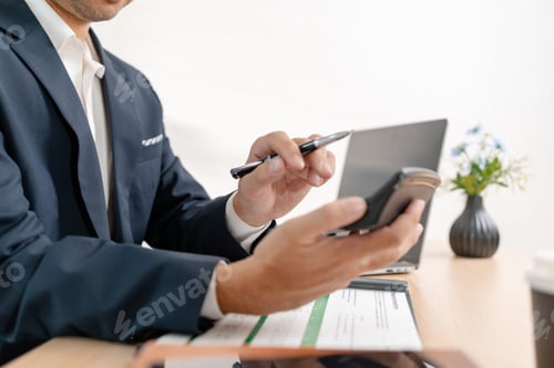 Preview: A businessman in a suit analyzing financial charts and performance reports in a bright modern office