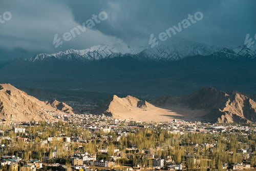 Preview: Panoramic view of Leh city in Ladakh, India, nestled in Himalayan mountains, dramatic brown ridges