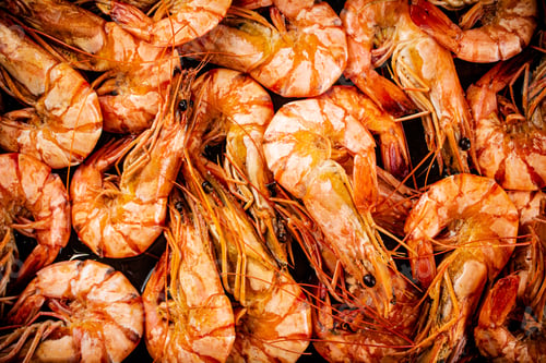 Preview: Red shrimp are boiled in water. Macro background.