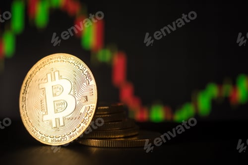 Preview: Stack of golden coins with bitcoin symbol with stock graph background.