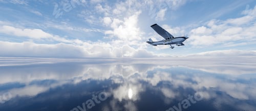 Preview: Single Engine Airplane flying over dramatic landscape at sunny day.