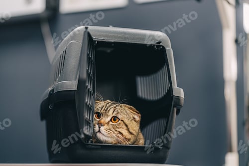 Preview: A beautiful cat with orange eyes sits in a cage for transportation.
