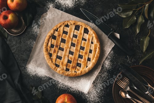 Preview: top view of homemade apple pie, fresh apples and cutlery isolated on black tabletop