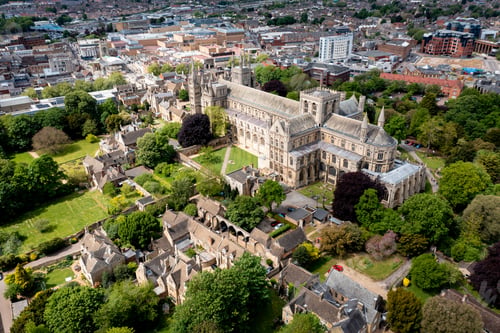 Preview: Aerial view of Peterborough Cathedral and city with ancient and Gothic architecture