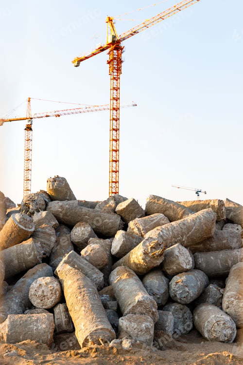 Preview: Big pile of cut concrete piles at construction site, tower cranes on background.