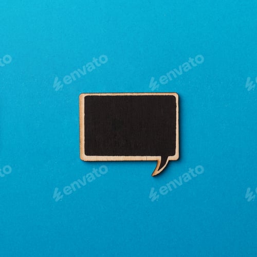 Preview: square empty chalk board speech bubble on blue paper