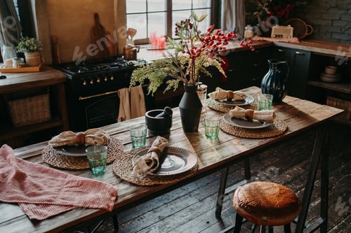 Preview: Table served for dinner. Cozy kitchen interior. Cultery and napkins on table for guests