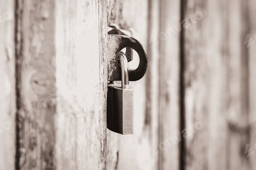 Preview: padlock on old closed door, black and white