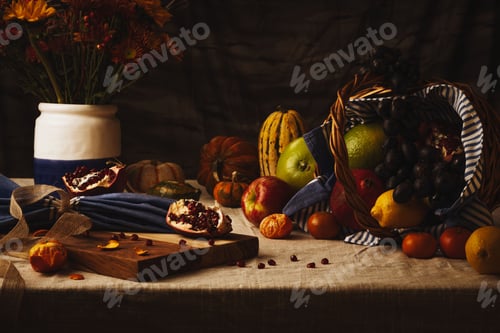 Preview: Closeup of a basket with fruits and vegetables on a table with flower vase. Still Life.