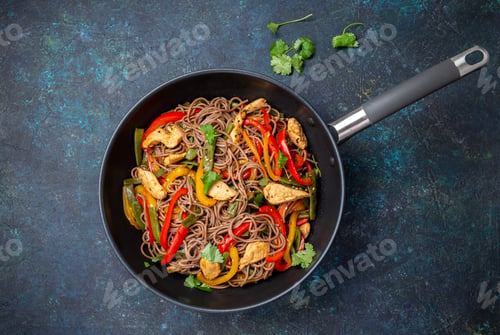 Preview: Japanese dish buckwheat soba noodles with chicken and vegetables carrot, bell pepper and green beans