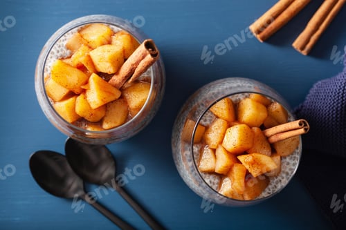 Preview: chia pudding with cinnamon simmered apples and peanut butter
