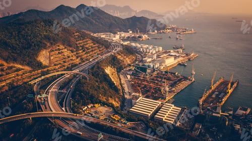 Preview: High-angle view of Tsing Ma Bridge above the lake in Hong Kong