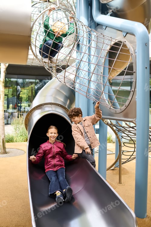 Preview: Joyful childhood adventures in autumn at the playground with friends