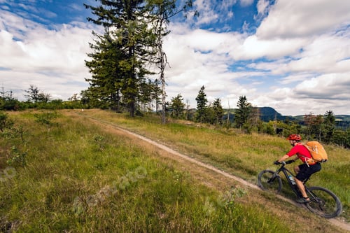 Preview: Mountain biker riding MTB in mountains and woods