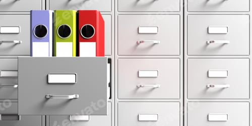 Preview: Office document binders in a filing cabinet drawer. 3d illustration