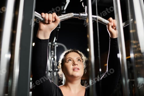 Preview: Young woman powerfully lifting weights at a gym, embracing body positivity and strength