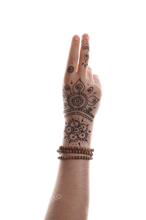 Preview: Woman with beautiful henna tattoo on hand against white background, closeup. Traditional mehndi