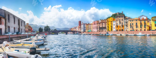 Preview: Attractive cityscape of Bosa town with Ponte Vecchio bridge across the Temo river.