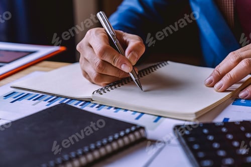 Preview: Businessman with writing Analyzes data for marketing planning the numbers finance accounting concept
