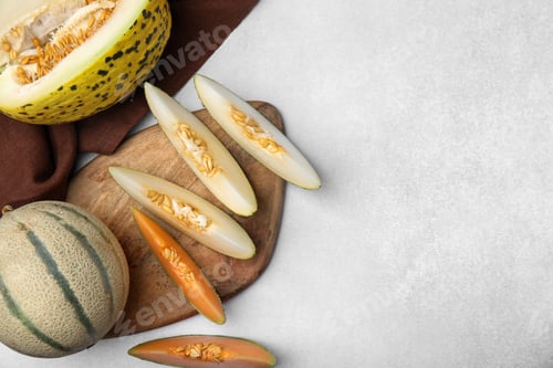 Preview: Tasty colorful ripe melons on light grey table, flat lay. Space for text