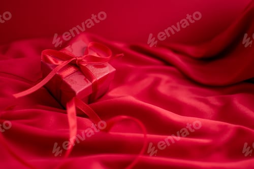 Preview: Red Gift Box on Satin Fabric Background