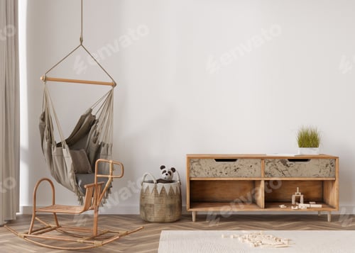 Preview: Empty wall in modern child room. Mock up interior in boho style. Copy space