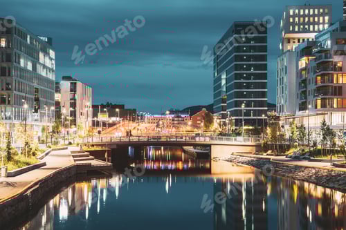 Preview: Oslo, Norway. Night View Embankment And Residential Multi-storey House In Gamle Oslo District