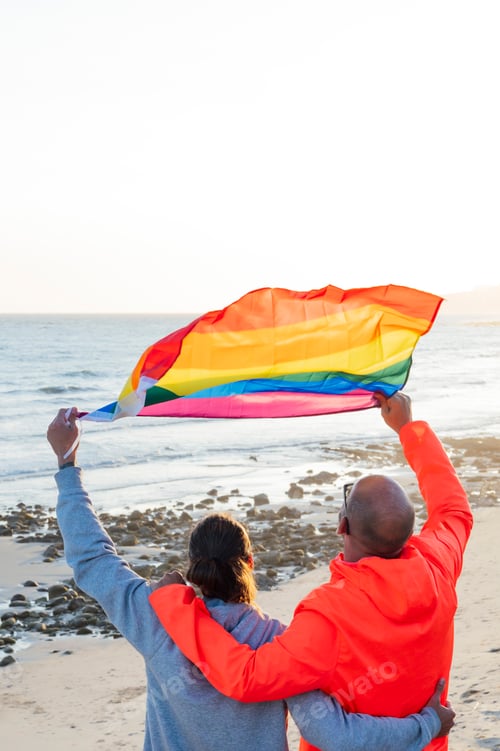 Preview: Two gay men hold lgbt flag on beach shore