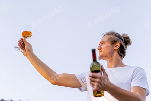 Preview: Charming male sommelier raises a glass of aged natural wine to sun to check its quality and taste