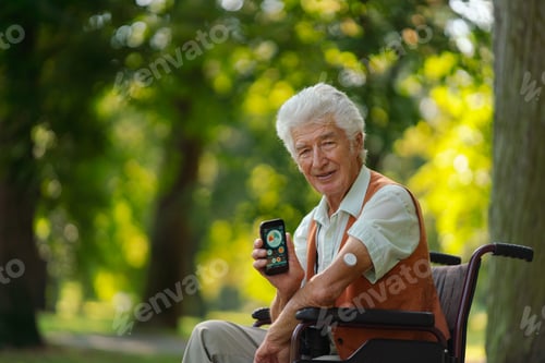 Preview: Senior diabetic man in wheelchair checking his glucose data on smartphone outdoors, in park.