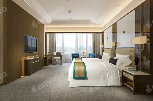 Preview: 3d rendering luxury bedroom suite in resort high rise hotel with twin bed