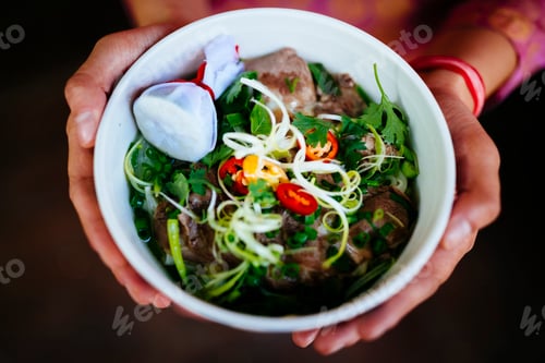 Preview: High angle close up of person holding bowl of beef pho.
