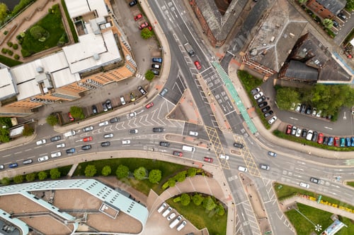 Preview: Aerial view directly above a complex road junction in a large city