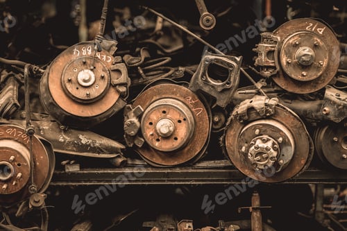 Preview: stock pile of used auto part recycle, car old disc brake wheel spare part scrapyard