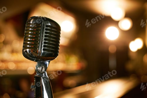 Preview: Vintage Stand Microphone against Blurred Lights at Bar before Jazz Concert