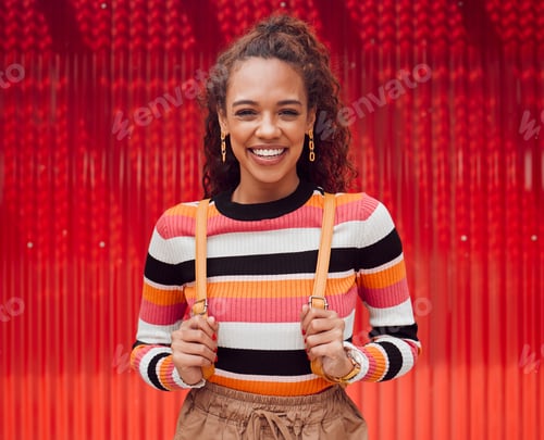 Preview: Fashion, happy and trendy black woman against red background, having fun exploring city destination