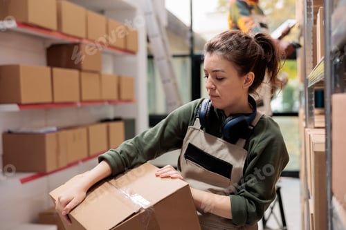 Preview: Employee in protective overall carrying cardboard box