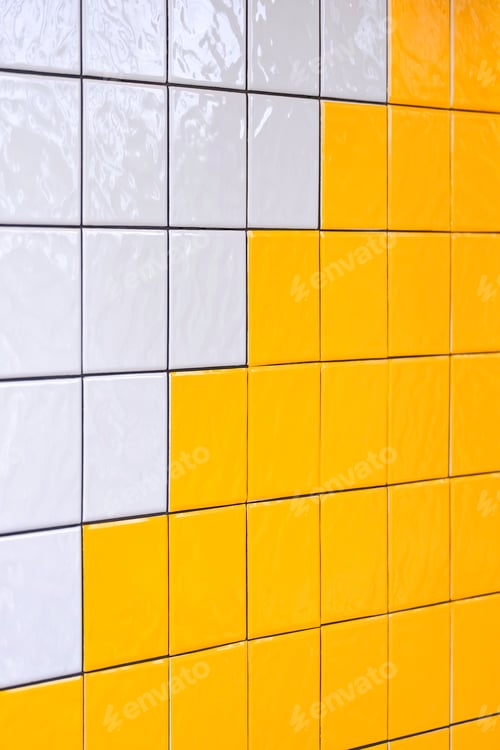 Preview: White and yellow ceramic interior tile wall decoration background in living room, side view