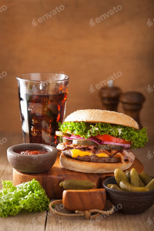 Preview: bacon cheese burger with pickles tomato onion