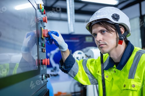 Preview: man engineer using computer controlling machine automation robotics at industrial