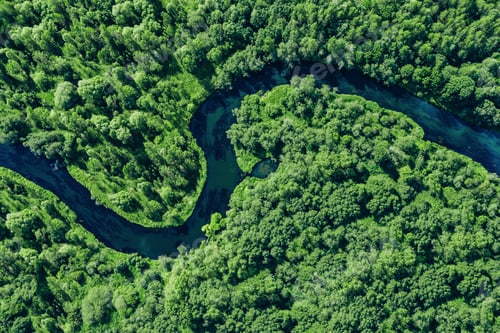 Preview: Aerial drone view of blue curved river and green summer woods