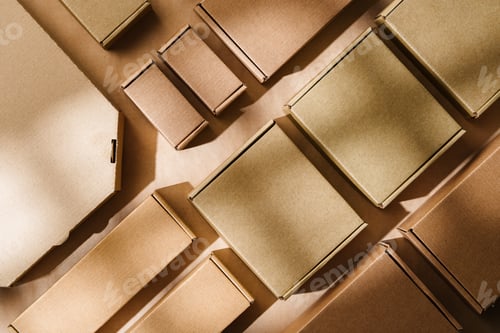 Preview: Multiple cardboard boxes arranged on a surface for packaging and shipping in a warehouse setting