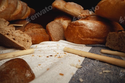 Preview: Variety of bread on tablecloth close up