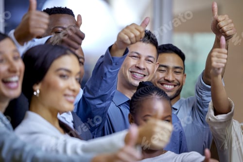 Preview: Make it our problem. Shot of a group of businesspeople showing the thumbs up in a modern office.