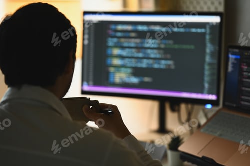 Preview: Back view of male software developers programming on desktop computer at night