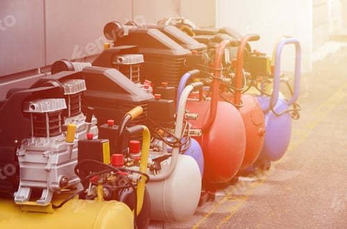 Preview: Many new air compressors pressure pumps close up